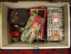 A Victorian painted pine trunk and contents of various dolls' house furniture, miniature dolls,