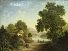 19TH CENTURY ENGLISH SCHOOL "Mountainous landscape with trees and cottage and figures by lake in