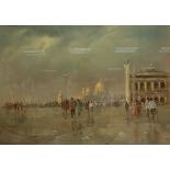 DAVID MYNETT "Venetian crowd scene with gondoliers and gondolas in the background", pastel,