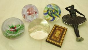 Three Caithness crystal paperweights, another cut glass paperweight by P.J.