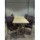 A modern beech draw leaf dining table on square chamfered legs together with a set of six leather