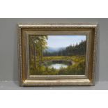 T Jahner - 'Silent Waters' pond in a forest glade, oil on board, signed,