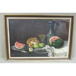 Stanley Dollimore - still life with pewter flagon, wine glass and melon, apples and other fruits,