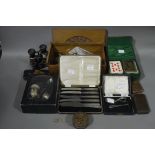 A quantity of plated cutlery, a Victorian oak box, a card box, a pair of opera glasses,