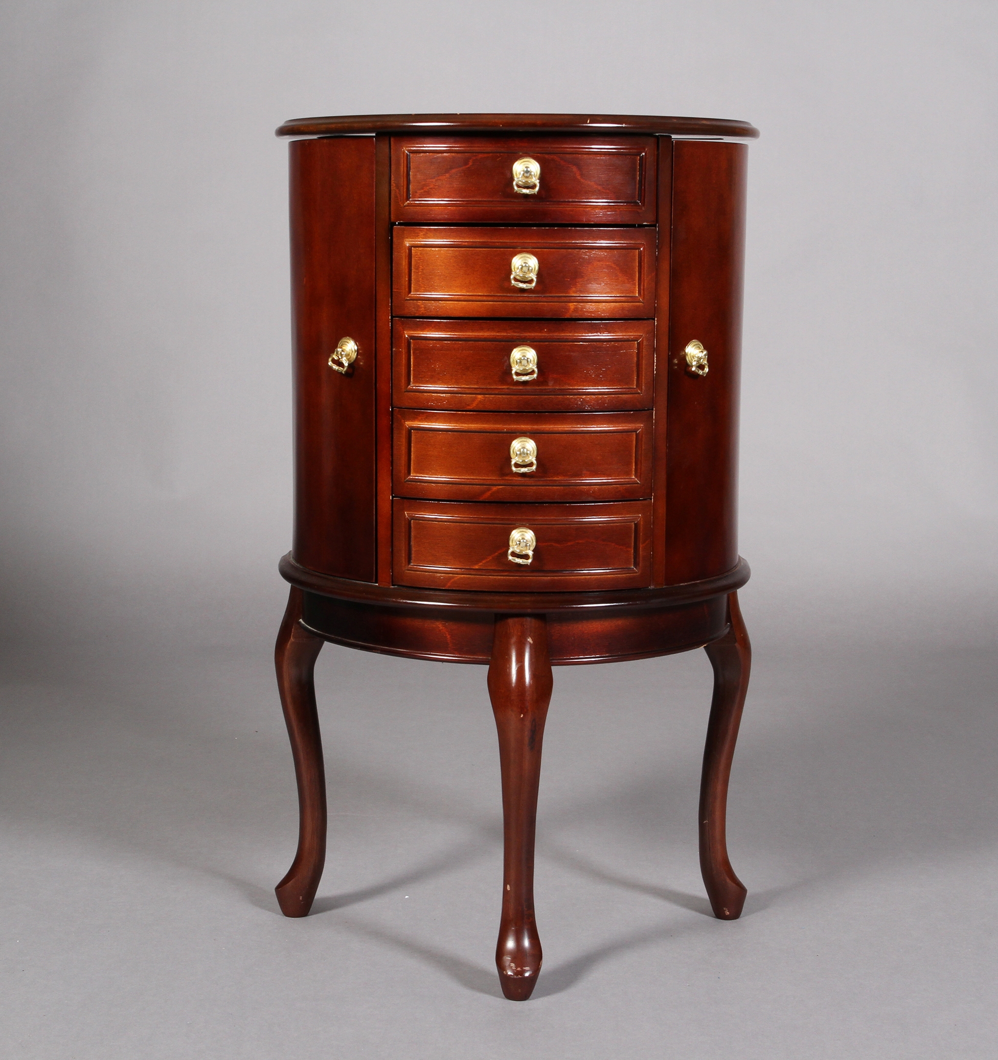 A mahogany finish D-shape jewellery cabinet having a lift up mirror lined top above an open - Bild 3 aus 4