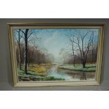 Stanley Dollimore - wooded river landscape, oil on canvas, signed and dated 1974 to lower right,