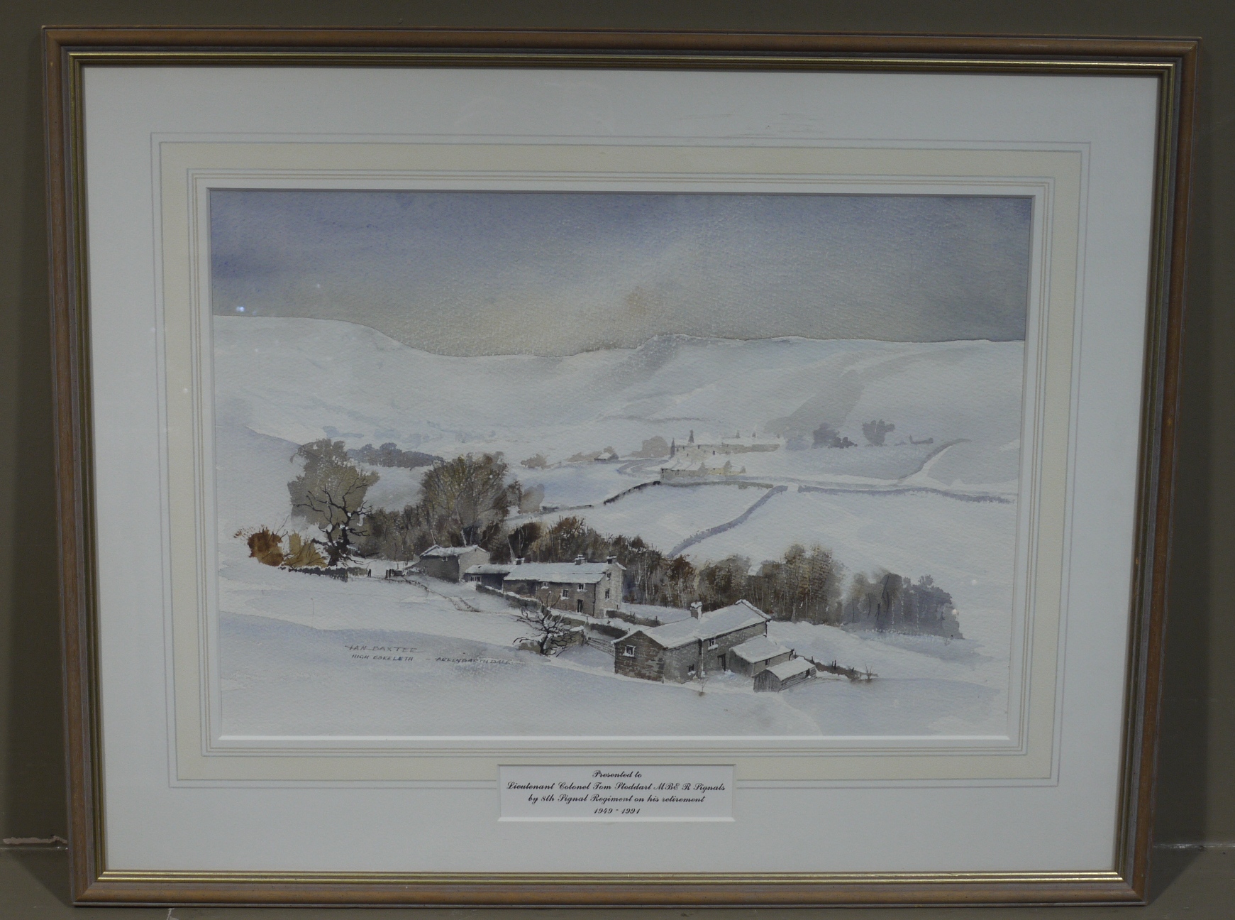Ian Baxter, High Eskeoeth, Arkengarthdale, dales' hamlet under snow, watercolour, signed and titled,