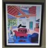 After David Hockney - Montcalm interior with two dogs, colour print,