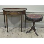 A reproduction mahogany finished hall table with drawer and a drum occasional table on tripod base