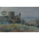 20th Century English School, castle ruins, village beyond, watercolour, signed S.L.