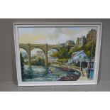 B Claughton - Rowing boats on the Nidd at Knaresborough, oil on board,