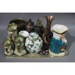 A quantity of decorative ceramics and brassware including Masons chartreuse pattern ginger jar and