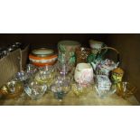 A quantity of miscellaneous decorative ceramics and glassware including Majolica cylindrical leaf