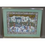 An Indian painting on silk of dignitaries and attendants on a garden terrace within a floral border