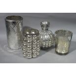 Four silvered glass vases, two wire mounted,