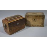 A Regency rosewood veneered sarcophagus shaped tea caddy with cavetto moulded top the front with