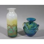 A Mdina blue yellow and green two handled vase of urnular form with shallow waisted neck with