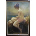 Portrait of a female nude sitting overlooking the sea, overpainted print or oleograph,