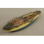 A BOAT MODEL, the hull painted in cream and blue with varnished deck and prow,