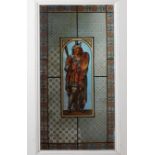 A PAIR OF VICTORIAN POLYCHROME PRINTED GLASS WINDOW PANELS each depicting a medieval musician in an