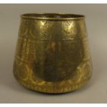 A LARGE EASTERN BRASS VESSEL of tapered bag form,