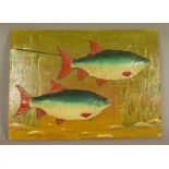 FOLK ART - a rectangular wooden panel applied with two leather cased fish with painted scaled