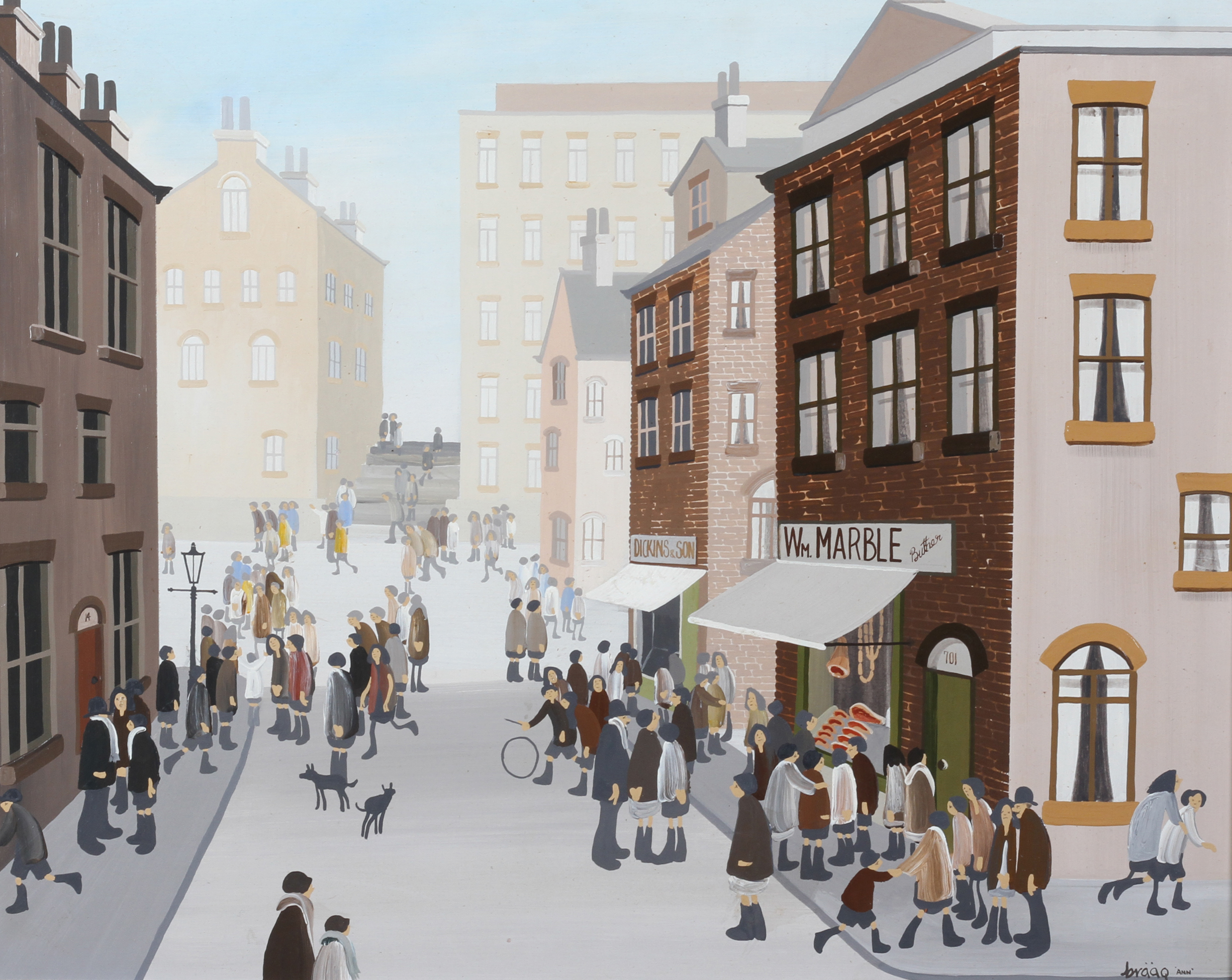 ARR BRIAN SHIELDS 'BRAAQ' (1951-1997) 'Wm Marble Butchers Shop' busy street scene with shops and