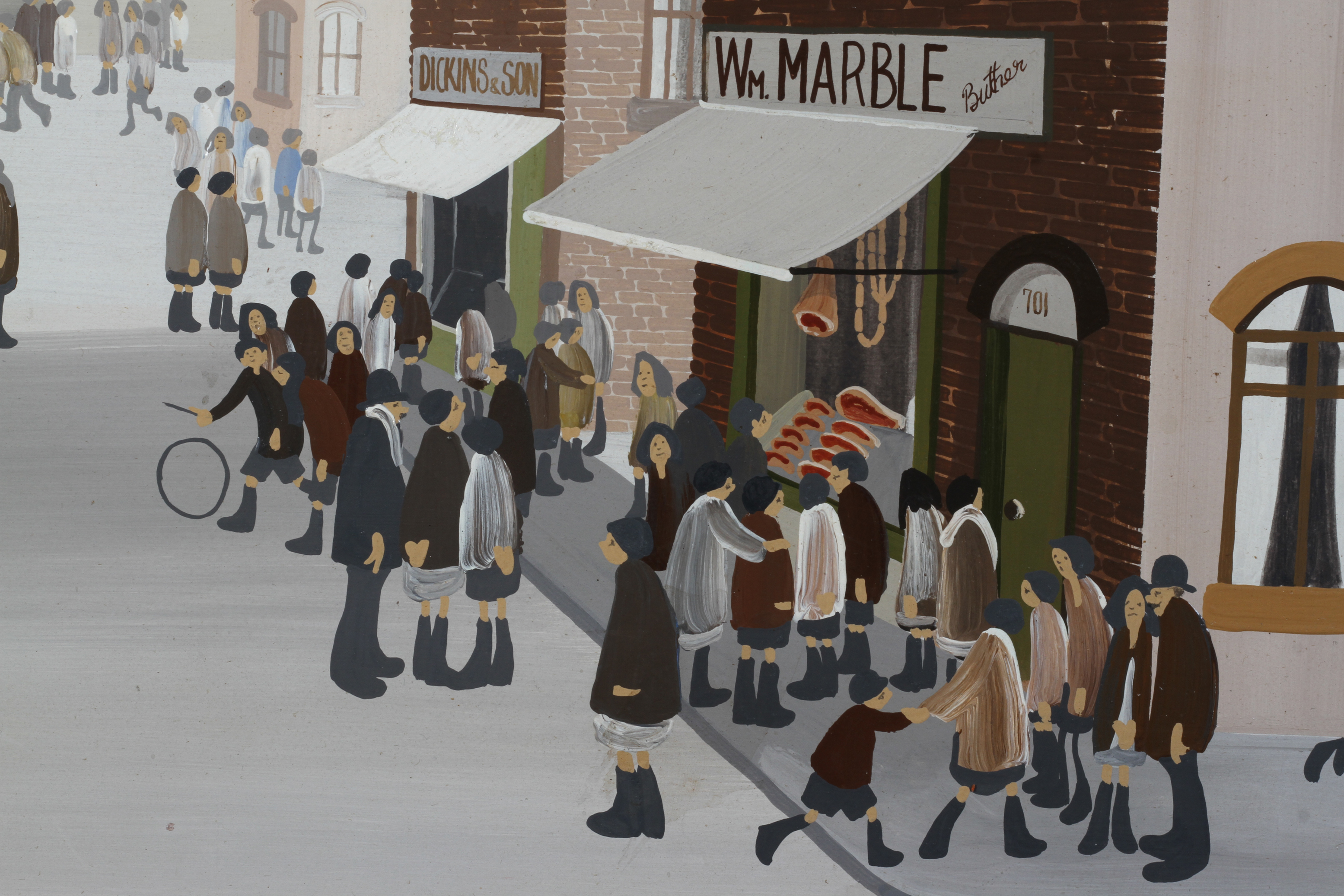 ARR BRIAN SHIELDS 'BRAAQ' (1951-1997) 'Wm Marble Butchers Shop' busy street scene with shops and - Image 2 of 3