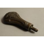 A 19TH CENTURY COPPER SHOT FLASK of conventional design, four position spout, beaded upper collar,