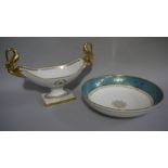 An Alka Kunst Sèvres style pedestal oval dish with pair of gilt swan handles,