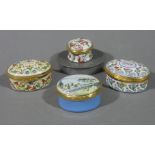 Three Old Staffordshire enamel Bilston Battersea tradition pill boxes,