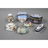 Seven various Limoges style porcelain pill boxes, heart shaped, egg shaped, circular, hexagonal,
