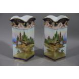 A pair of Nortiake porcelain vases of panelled square form and shaped everted lip,