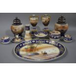 A Noritake desert pattern oval dressing table tray with accessories and two pairs of vases all