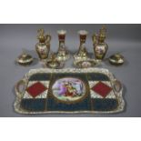 A Vienna style porcelain dressing table set comprising shaped rectangular two handled tray,