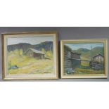 C W Knudsen alpine landscapes with shepherd huts, two, oil on board,