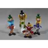 Four coloured glass clown and animal figures, one as an ashtray,