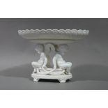 A Staffordshire pottery dessert stand or tazza, the oval shallow dish with guilloche moulded border,