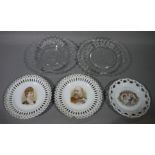 Two commemorative pressed glass plates and three commemorative porcelain ribbon plates