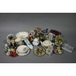 A quantity of miniatures and floral encrusted items, nursery ware, glass vase,