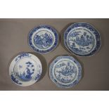 A Chinese blue and white painted shaped circular dish the centre with pagodas,