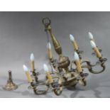 A brass eight branch hanging chandelier with fluted column,