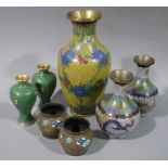 Seven items of cloisonne enamel one large baluster vase decorated with blue chrysanthemum on a