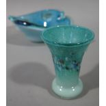 Two Monart style glass items: small flared cylindrical vase, 10cm high,