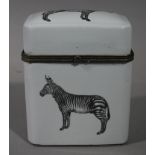 A reproduction pottery casket with bronzed mounts transfer printed to the front and back with a