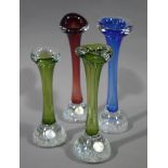 Four Swedish art glass vases two green one blue one red, 21cm high and smaller,