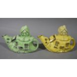 Two Lingard Old Mother Hubbard tea pots, one green, one yellow,