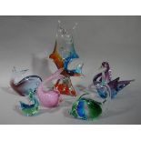 Coloured glass fish and birds including some with Murano labels,