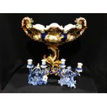 A Large European Pottery Two Handled Centre Piece Together With Two Blue & White Tureens & A Pair Of