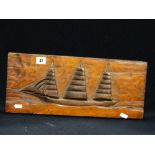 A 20th Century Carved Pine Panel, Depicting A Three Mast Sail Ship, 18" Across